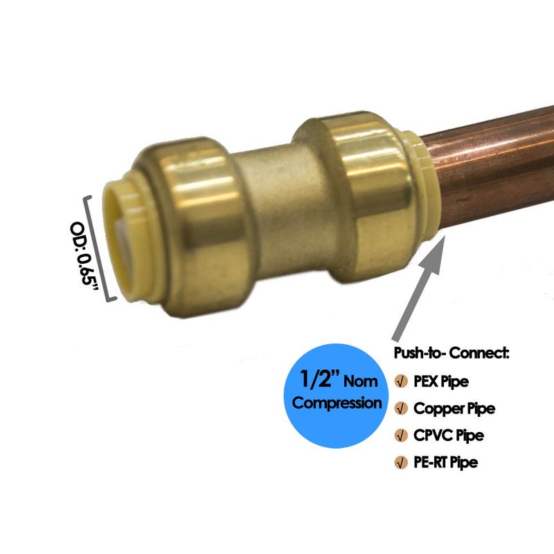 HQMPC Straight Coupling Push Fit PEX Fittings, 1/2" Push-to-Connect Copper, CPVC, Lead No Pb Brass Plumbing Fittings (6, 1/2 Inch(1/2")) - Image 4